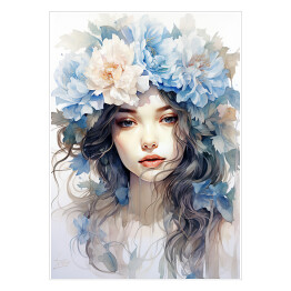 Plakat Portret kobieta z błękitnymi kwiatami