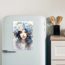 Magnes dekoracyjny Portret kobieta z błękitnymi kwiatami