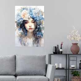 Plakat samoprzylepny Portret kobieta z błękitnymi kwiatami