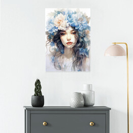 Plakat samoprzylepny Portret kobieta z błękitnymi kwiatami