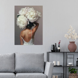 Plakat samoprzylepny Dziewczyna w kwiatach i białej zwiewnej sukience. Nowoczesny portret