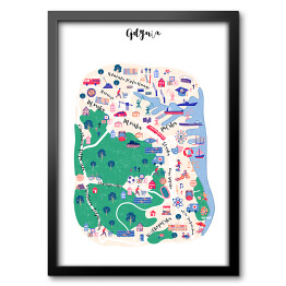 Obraz w ramie Kolorowa mapa Gdyni z symbolami