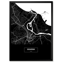 Plakat w ramie Mapa Gdańska czarno-biała z napisem na czarnym tle