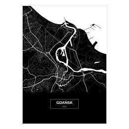 Plakat Mapa Gdańska czarno-biała z napisem na czarnym tle