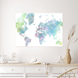 Plakat samoprzylepny Akwarelowa mapa świata - błękit, róż