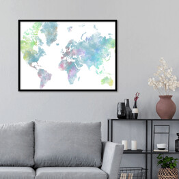 Plakat w ramie Akwarelowa mapa świata - błękit, róż