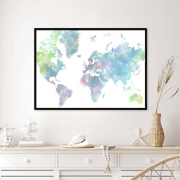 Plakat w ramie Akwarelowa mapa świata - błękit, róż
