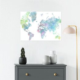 Plakat samoprzylepny Akwarelowa mapa świata - błękit, róż