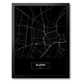 Obraz w ramie Mapa Słupska czarno-biała na czarnym tle
