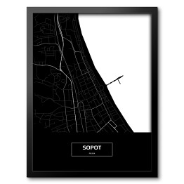 Obraz w ramie Mapa Sopotu czarno-biała z napisem na czarnym tle
