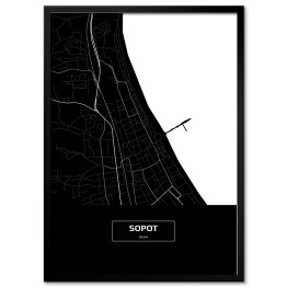 Plakat w ramie Mapa Sopotu czarno-biała z napisem na czarnym tle