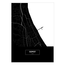 Plakat samoprzylepny Mapa Sopotu czarno-biała z napisem na czarnym tle
