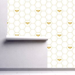 Tapeta samoprzylepna w rolce Żółte plastry miodu i pszczoły na białym tle