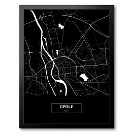 Obraz w ramie Mapa Opola czarno-biała z podpisem na czarnym tle