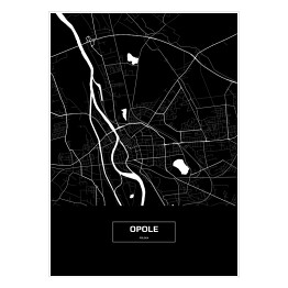 Plakat samoprzylepny Mapa Opola czarno-biała z podpisem na czarnym tle
