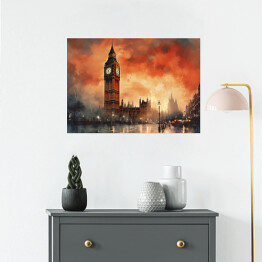 Plakat Big Ben. Zachód słońca w Londynie akwarela