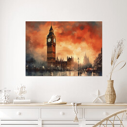 Plakat samoprzylepny Big Ben. Zachód słońca w Londynie akwarela
