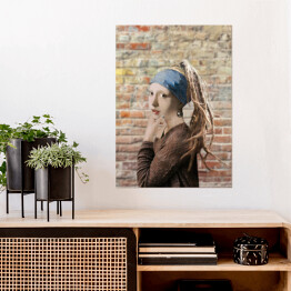 Plakat samoprzylepny Dziewczyna z perłą na tle ściany