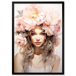Plakat w ramie Portret kobiety. Różowe kwiaty we włosach