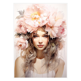 Plakat samoprzylepny Portret kobiety. Różowe kwiaty we włosach