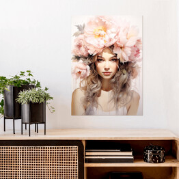 Plakat Portret kobiety. Różowe kwiaty we włosach