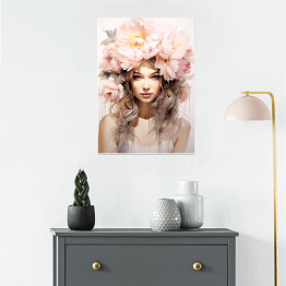 Plakat Portret kobiety. Różowe kwiaty we włosach