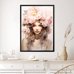 Obraz w ramie Portret kobiety. Różowe kwiaty we włosach