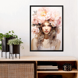 Obraz w ramie Portret kobiety. Różowe kwiaty we włosach