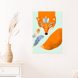Plakat samoprzylepny Rudy lis z dużym ogonkiem i z piórkami - ilustracja