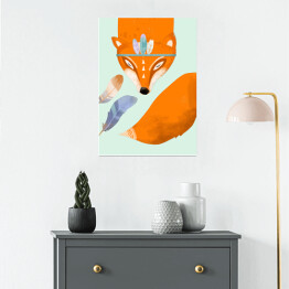 Plakat samoprzylepny Rudy lis z dużym ogonkiem i z piórkami - ilustracja