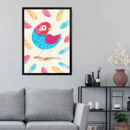Obraz w ramie Kolorowy ptaszek wśród kolorowych piórek