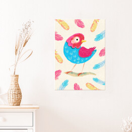 Plakat Kolorowy ptaszek wśród kolorowych piórek