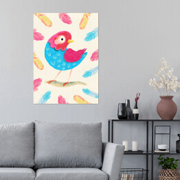 Plakat samoprzylepny Kolorowy ptaszek wśród kolorowych piórek