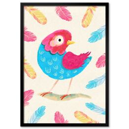 Plakat w ramie Kolorowy ptaszek wśród kolorowych piórek