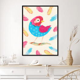 Plakat w ramie Kolorowy ptaszek wśród kolorowych piórek