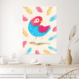 Plakat Kolorowy ptaszek wśród kolorowych piórek
