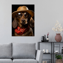 Plakat samoprzylepny Pies jamnik w kapeluszu i okularach - śmieszne zdjęcia zwierząt