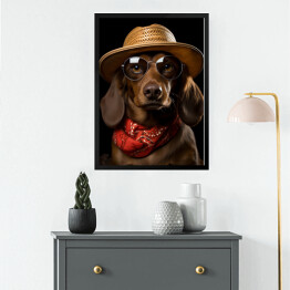 Obraz w ramie Pies jamnik w kapeluszu i okularach - śmieszne zdjęcia zwierząt