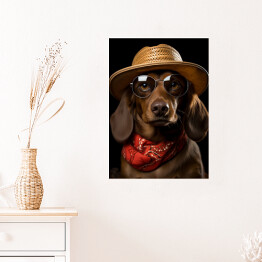 Plakat Pies jamnik w kapeluszu i okularach - śmieszne zdjęcia zwierząt