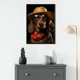 Plakat w ramie Pies jamnik w kapeluszu i okularach - śmieszne zdjęcia zwierząt