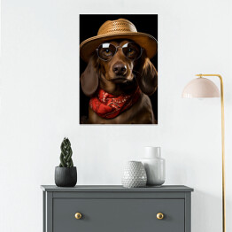 Plakat Pies jamnik w kapeluszu i okularach - śmieszne zdjęcia zwierząt