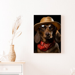 Obraz na płótnie Pies jamnik w kapeluszu i okularach - śmieszne zdjęcia zwierząt