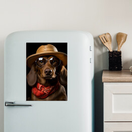 Magnes dekoracyjny Pies jamnik w kapeluszu i okularach - śmieszne zdjęcia zwierząt