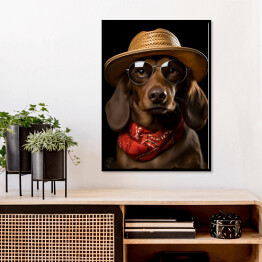 Plakat w ramie Pies jamnik w kapeluszu i okularach - śmieszne zdjęcia zwierząt