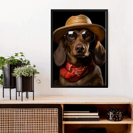 Obraz w ramie Pies jamnik w kapeluszu i okularach - śmieszne zdjęcia zwierząt