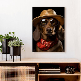 Obraz na płótnie Pies jamnik w kapeluszu i okularach - śmieszne zdjęcia zwierząt