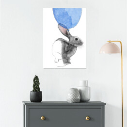 Plakat samoprzylepny Rysunek królika wpatrzonego w niebieski balon