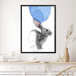 Obraz w ramie Rysunek królika wpatrzonego w niebieski balon