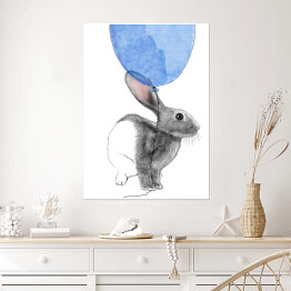 Plakat Rysunek królika wpatrzonego w niebieski balon