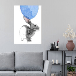 Plakat samoprzylepny Rysunek królika wpatrzonego w niebieski balon